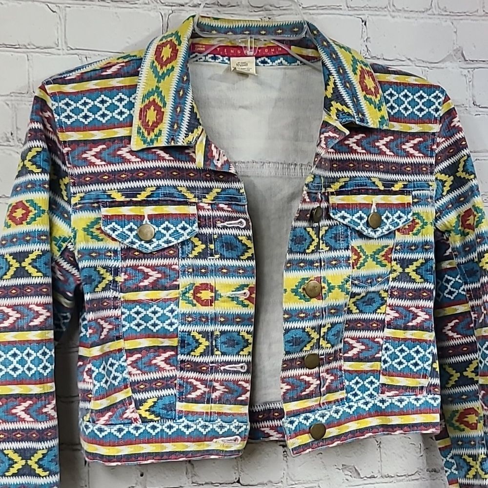 Tinseltown Denim Couture Aztec Tribal Cropped Jean Jacket Western Stretch Boho - Picture 3 of 10